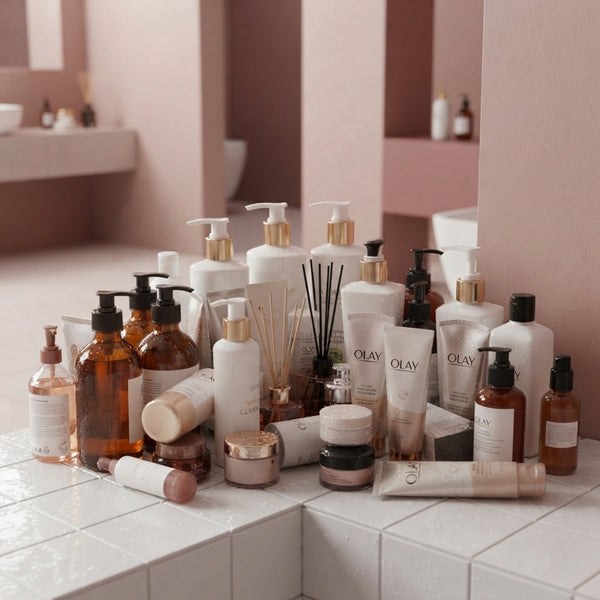 A cluttered collection of mismatched shampoo and skincare bottles crowding a slippery shower ledge in a modern bathroom.