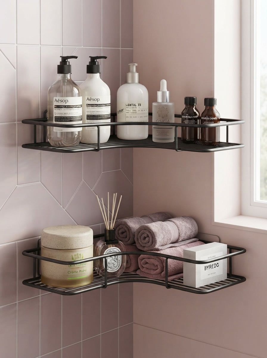 Two matte metal corner shower racks mounted on blush pink tiled walls, holding curated luxury skincare bottles in a spa.
