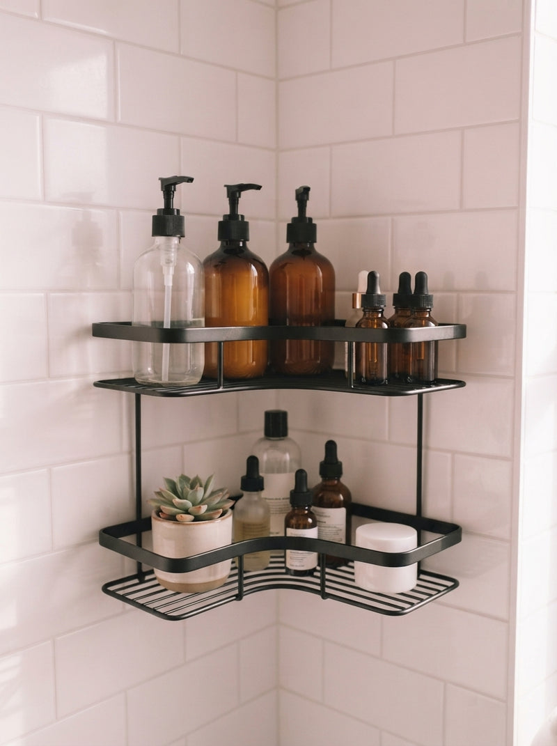A black metal corner shower rack filled with glass skincare bottles against white subway tiles in a bright bathroom.