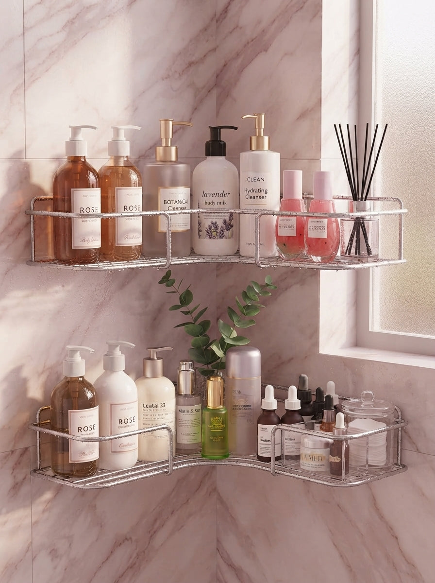 Two metal corner shower racks mounted on a marble wall, holding minimalist skincare bottles in a serene, spa-like bathroom.